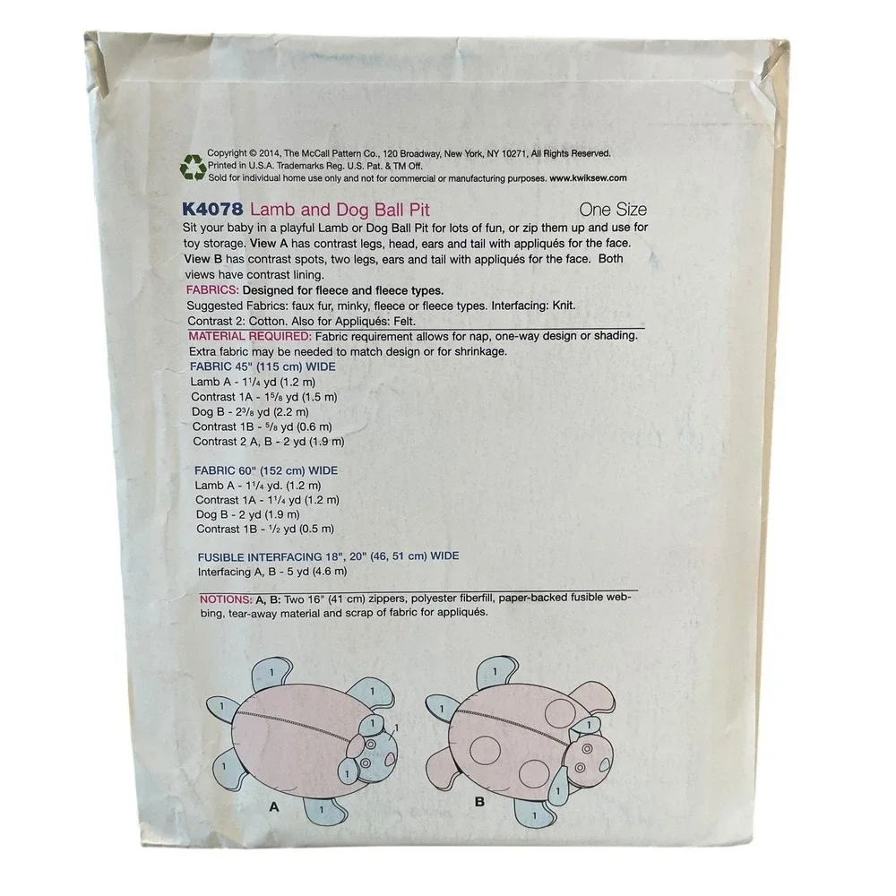 Kwik Sew K4078 Lamb‎ and Dog Ball Pit One Size Craft Pattern UNCUT FF